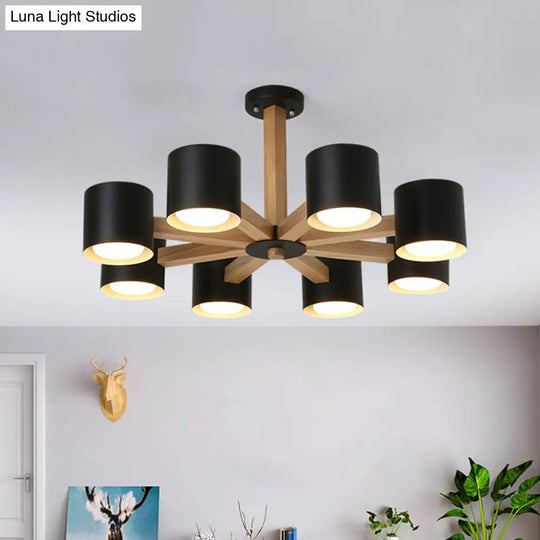 Nordic Style Wood And Iron Drum Shade Chandelier Pendant Light For Study Room In Black/White 8 /