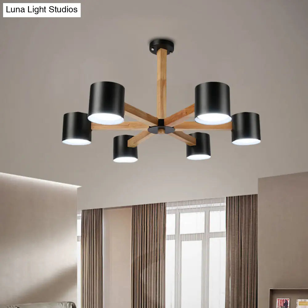 Nordic Style Wood And Iron Drum Shade Chandelier Pendant Light For Study Room In Black/White