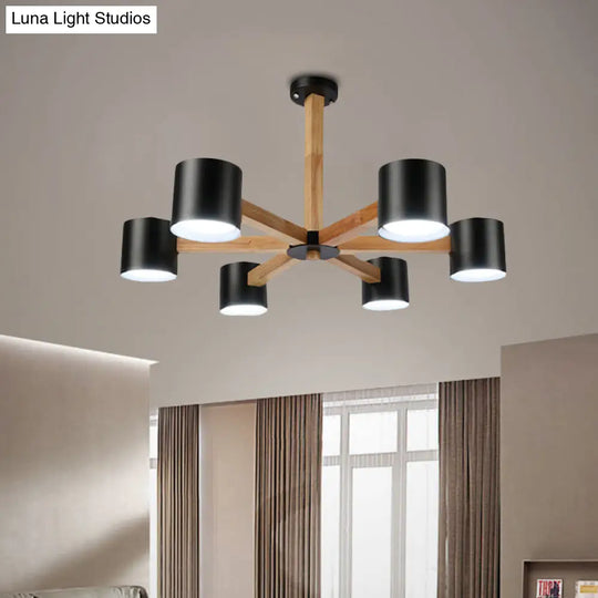 Nordic Style Wood And Iron Drum Shade Chandelier Pendant Light For Study Room In Black/White