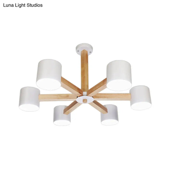 Nordic Style Wood And Iron Drum Shade Chandelier Pendant Light For Study Room In Black/White