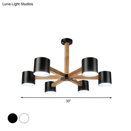 Wood & Iron Nordic Pendant Light With Drum Shade For Study Room In Black/White