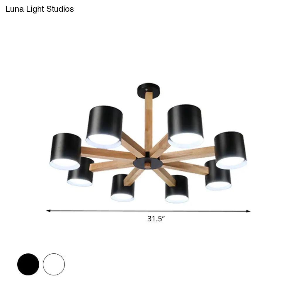 Nordic Style Wood And Iron Drum Shade Chandelier Pendant Light For Study Room In Black/White