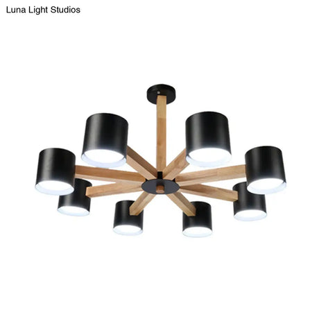 Wood & Iron Nordic Pendant Light With Drum Shade For Study Room In Black/White