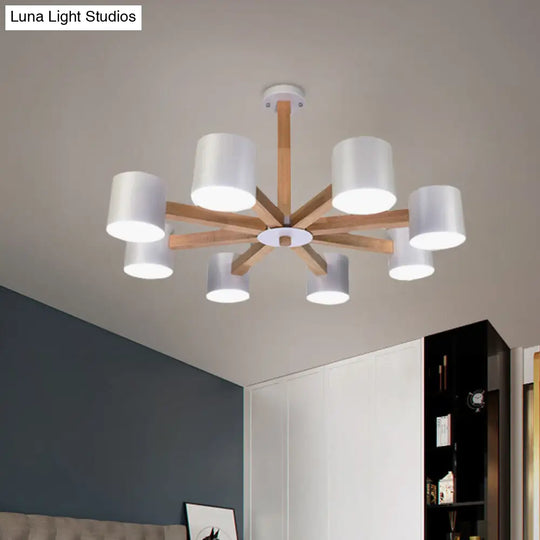 Nordic Style Wood And Iron Drum Shade Chandelier Pendant Light For Study Room In Black/White