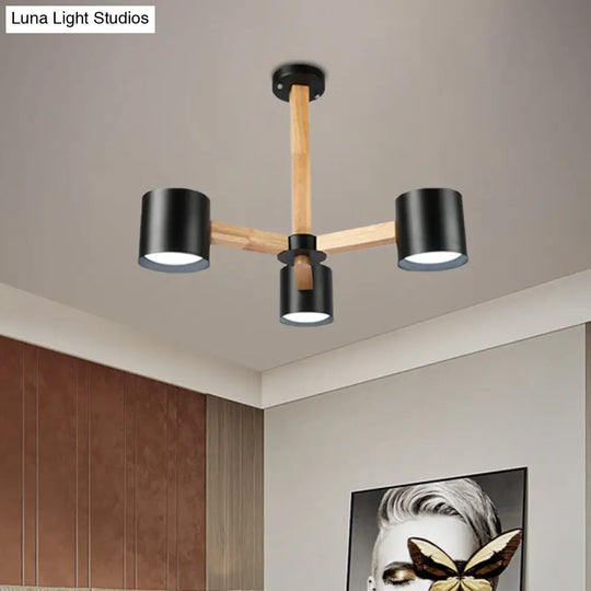 Nordic Style Wood And Iron Drum Shade Chandelier Pendant Light For Study Room In Black/White