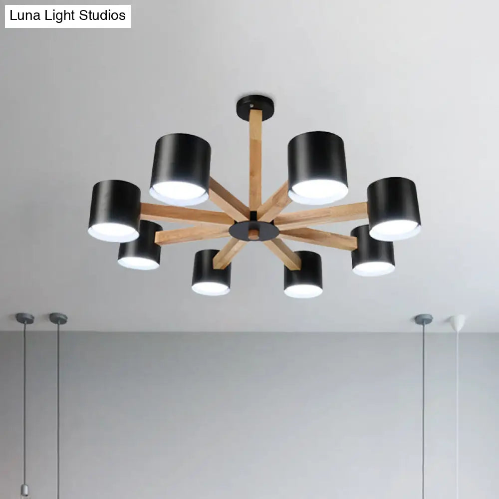 Nordic Style Wood And Iron Drum Shade Chandelier Pendant Light For Study Room In Black/White