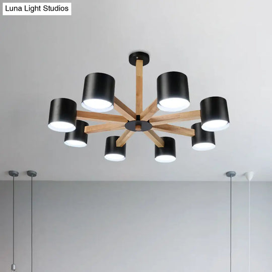 Nordic Style Wood And Iron Drum Shade Chandelier Pendant Light For Study Room In Black/White
