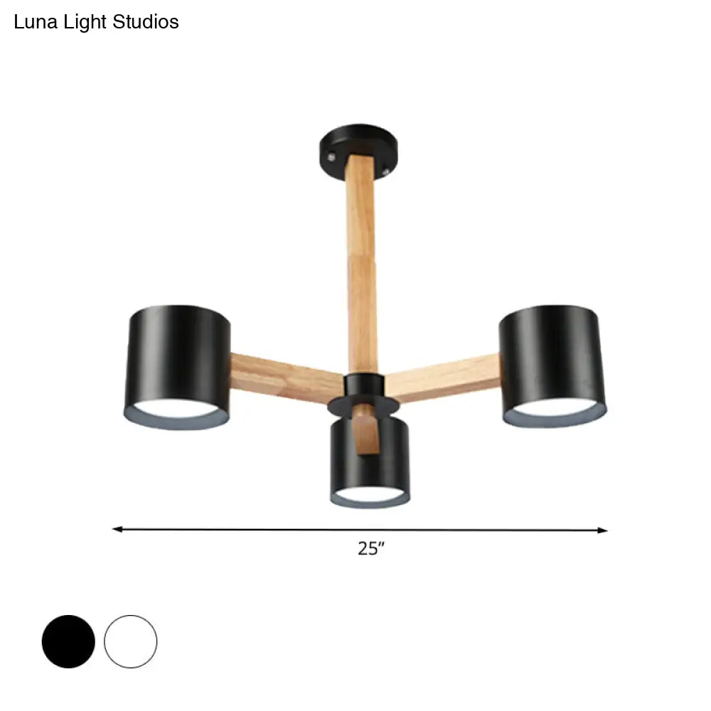 Nordic Style Wood And Iron Drum Shade Chandelier Pendant Light For Study Room In Black/White