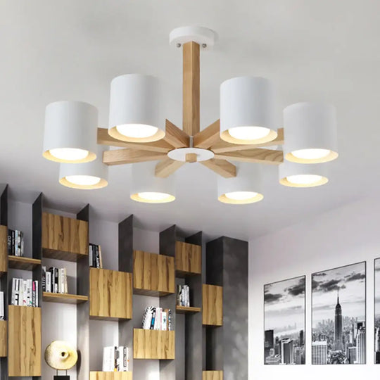 Wood & Iron Nordic Pendant Light With Drum Shade For Study Room In Black/White 8 / White