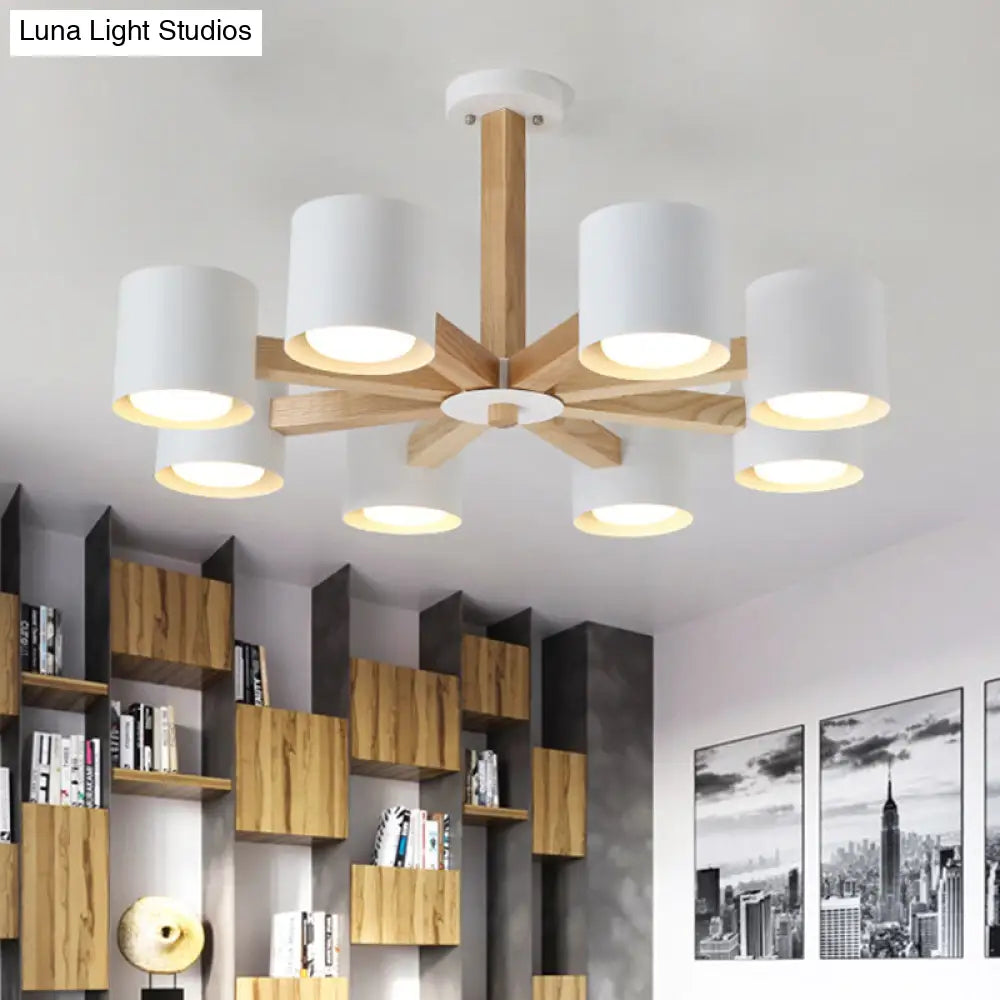 Nordic Style Wood And Iron Drum Shade Chandelier Pendant Light For Study Room In Black/White 8 /