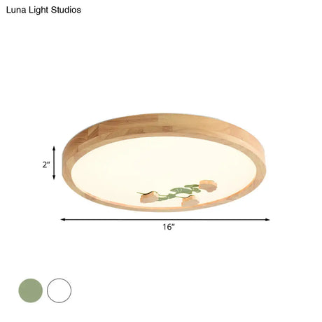 Wood Led Flushmount Ceiling Lamp With Ginkgo Leaf On Circle Design - Ideal For Bedroom Lighting