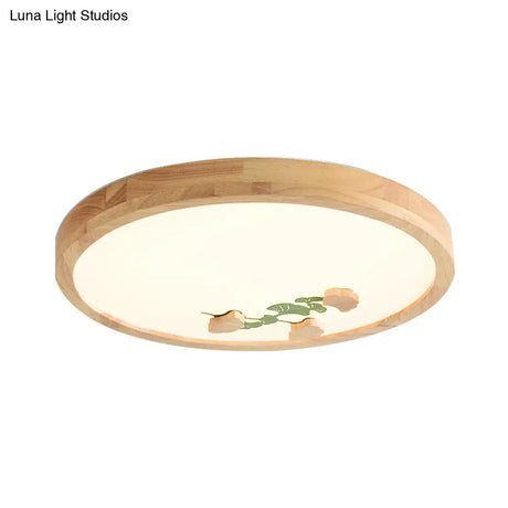 Wood Led Flushmount Ceiling Lamp With Ginkgo Leaf On Circle Design - Ideal For Bedroom Lighting