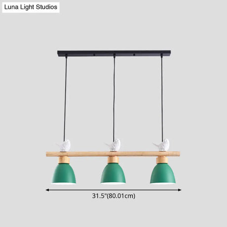Wood & Metal Macaron Bowl Pendant Light With 3 Lights For Island Electric Socket