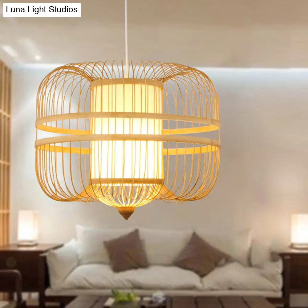 Wood Pendant Light: Bamboo Curved Drum Suspension Light Simplicity Design 1-Light Fixture