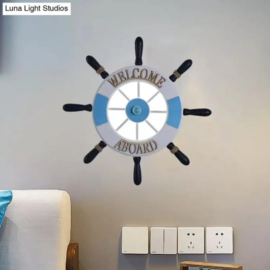Wood Rudder Design Acrylic Led Wall Sconce - Round Flush Mount With Blue Warm/White Light