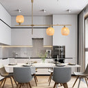 Wood-Shaded Kitchen Chandelier Lamp With Asian Light Pendant - Beige Gold