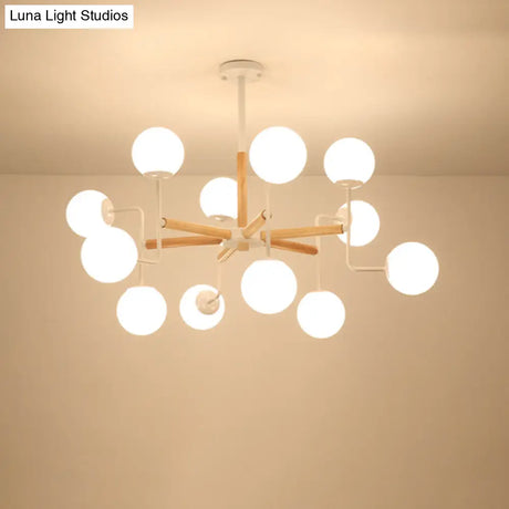 Wood Spherical Pendant Chandelier With Opaline Glass Shade