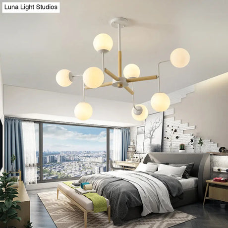 Wood Spherical Pendant Chandelier With Opaline Glass Shade