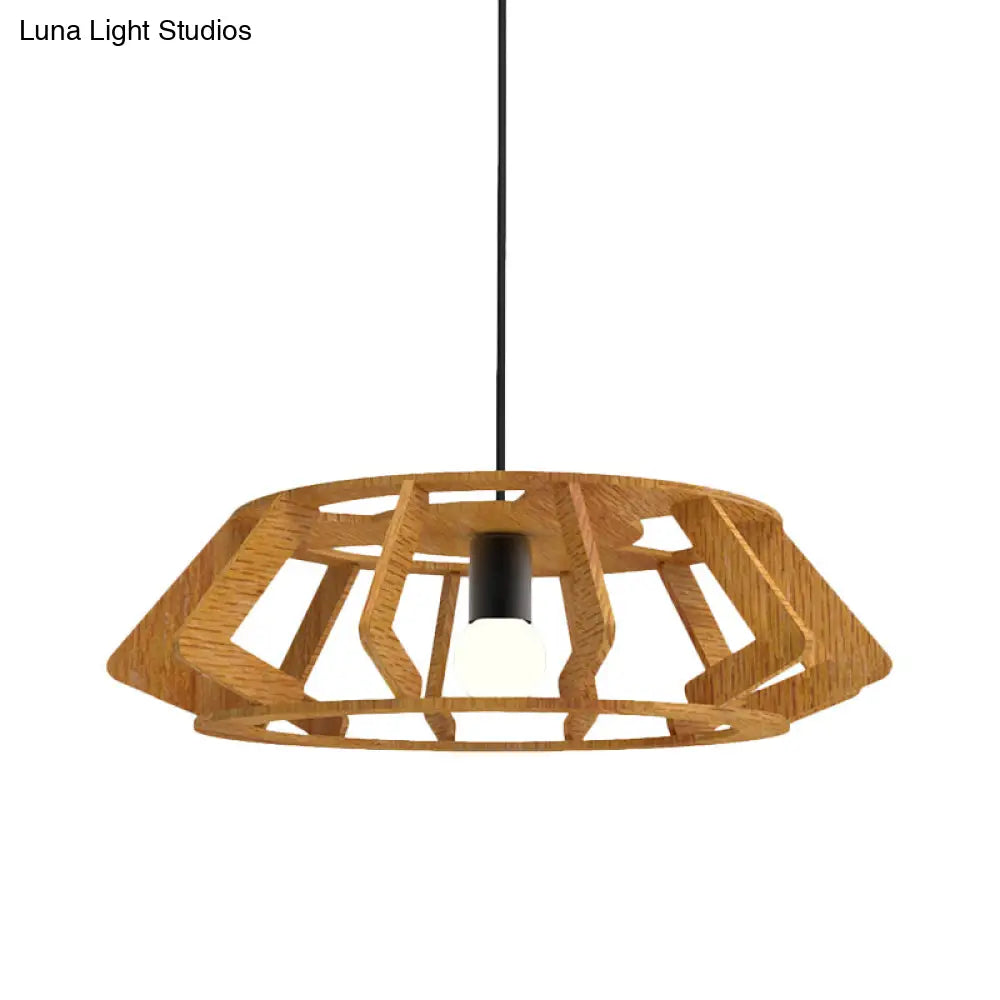 Wooden Asian Drum Pendant Light - 1-Light Study Room Ceiling Lamp