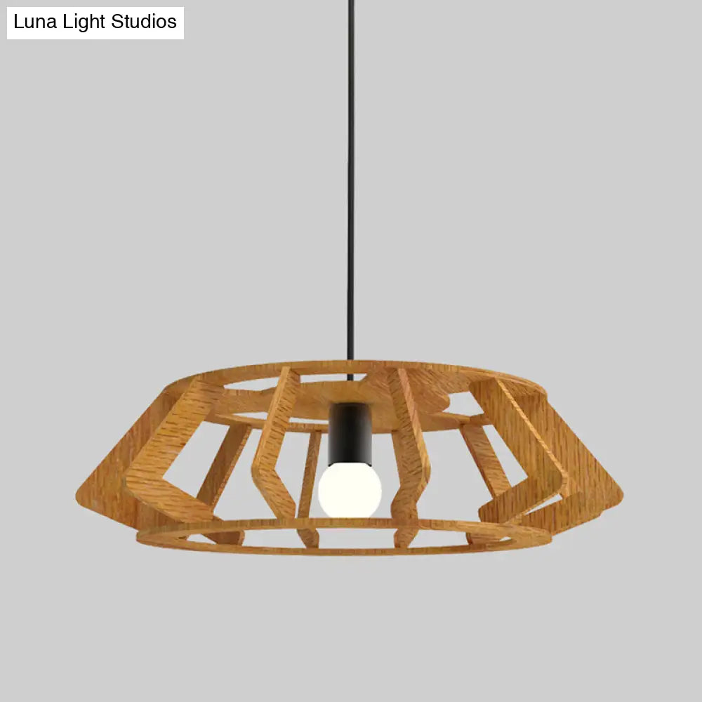 Wooden Asian Drum Pendant Light - 1-Light Study Room Ceiling Lamp