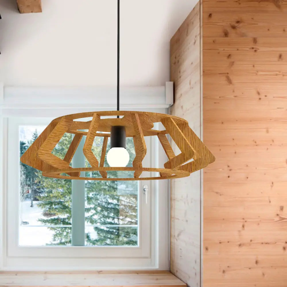 Wooden Asian Drum Pendant Light - 1-Light Study Room Ceiling Lamp Wood
