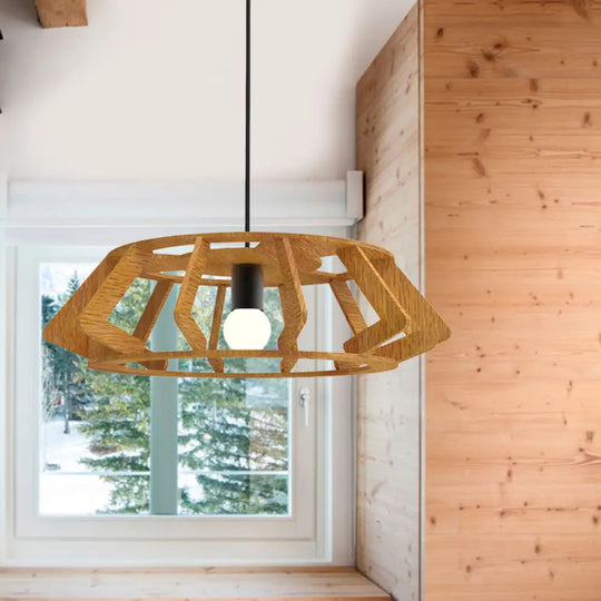 Wooden Asian Drum Pendant Light - 1-Light Study Room Ceiling Lamp Wood