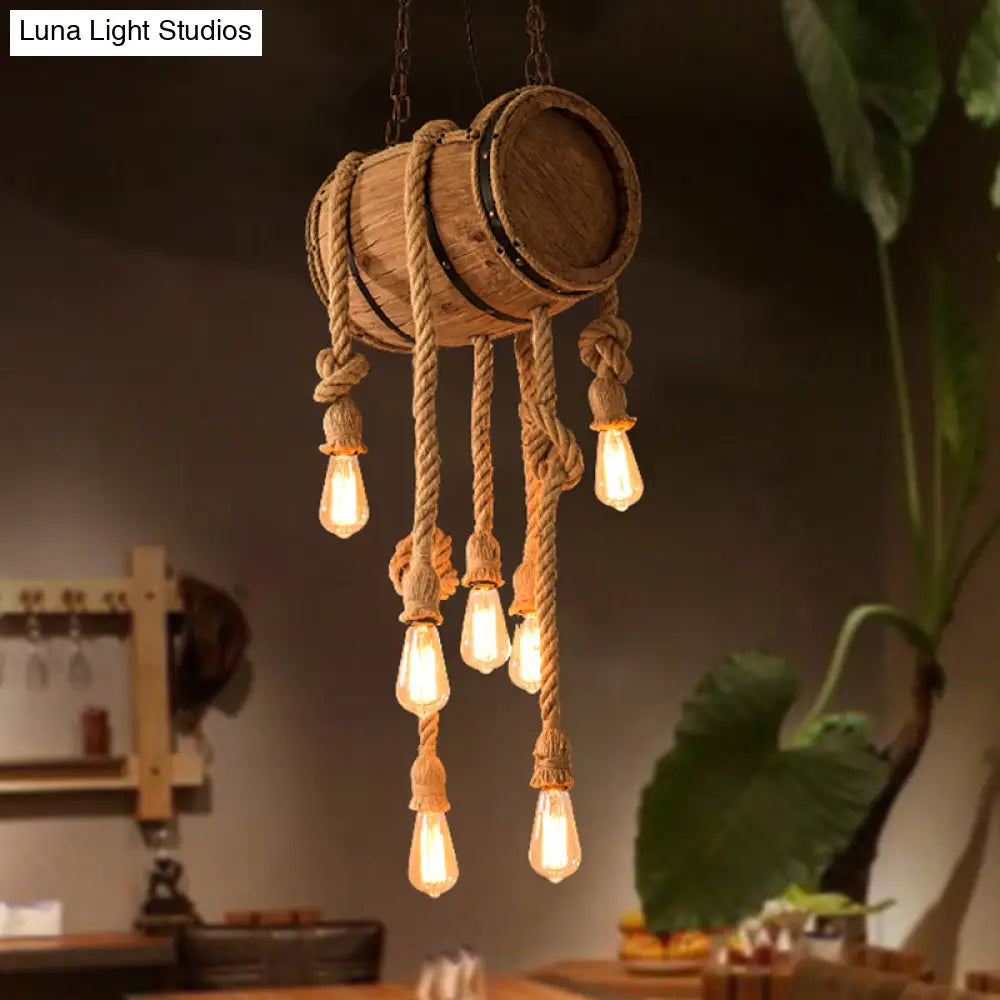 Wood Beige Chandelier Light Fixture: Bucket Restaurant Pendant With Rope Cord 7 /