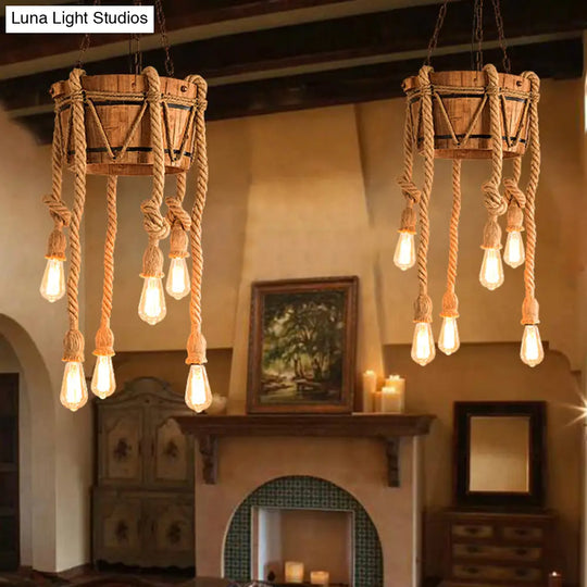 Wood Beige Chandelier Light Fixture: Bucket Restaurant Pendant With Rope Cord 6 /