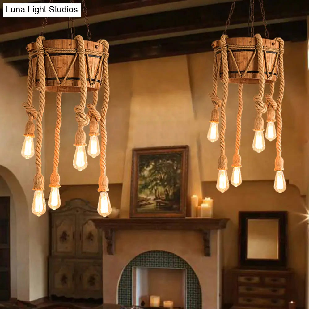 Wooden Beige Chandelier With Rope Cord For Restaurant Décor 6 /
