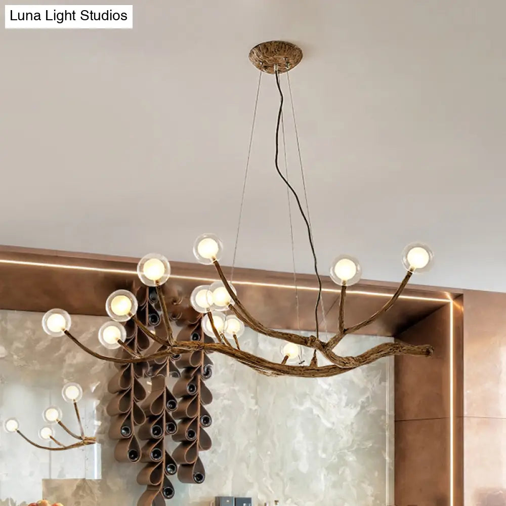 Wooden Branch Chandelier Lodge Style Ceiling Light With Glass Ball Shade - Warm/White 8/12/16 Lights