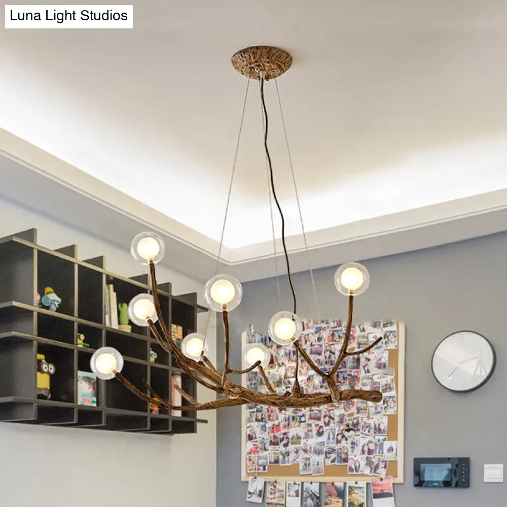 Wooden Branch Chandelier Lodge Style Ceiling Light With Glass Ball Shade - Warm/White 8/12/16 Lights