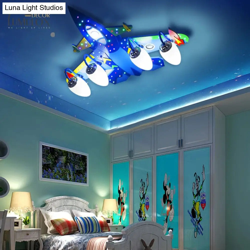 Wooden Cartoon Flush Mount Light Fixture In Blue - Jet Children’s Bedroom Ceiling Lamp