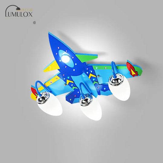 Wooden Cartoon Flush Mount Light Fixture In Blue - Jet Children’s Bedroom Ceiling Lamp 3 /