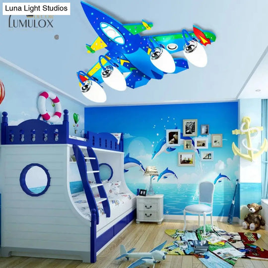 Wooden Cartoon Flush Mount Light Fixture In Blue - Jet Children’s Bedroom Ceiling Lamp
