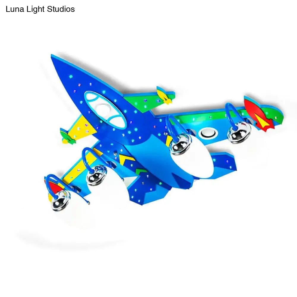 Wooden Cartoon Flush Mount Light Fixture In Blue - Jet Children’s Bedroom Ceiling Lamp