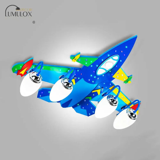 Wooden Cartoon Flush Mount Light Fixture In Blue - Jet Children’s Bedroom Ceiling Lamp 4 /