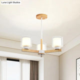 Wooden Hanging Chandelier With Double Glass Cylinder Shade - 3/6 Light Ceiling Lamp For Living Room