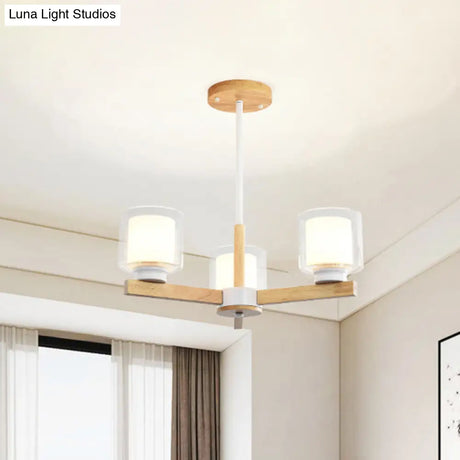 Wooden Hanging Chandelier With Double Glass Cylinder Shade - 3/6 Light Ceiling Lamp For Living Room