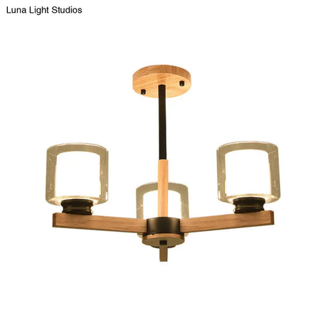 Wooden Hanging Chandelier With Double Glass Cylinder Shade - 3/6 Light Ceiling Lamp For Living Room