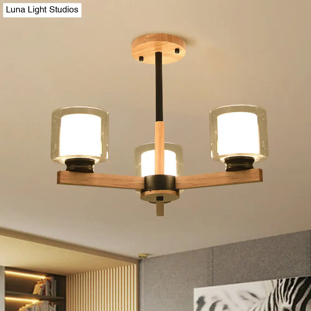 Wooden Hanging Chandelier With Double Glass Cylinder Shade - 3/6 Light Ceiling Lamp For Living Room