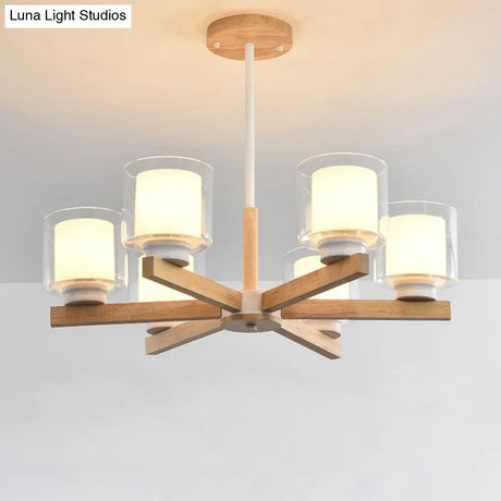 Wooden Hanging Chandelier With Double Glass Cylinder Shade - 3/6 Light Ceiling Lamp For Living Room