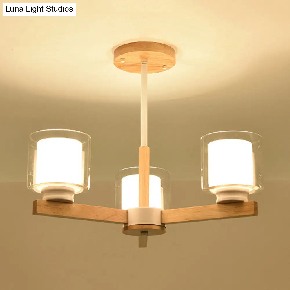 Wooden Double Glass Chandelier With Cylinder Shade - 3/6 Lights For Living Room Ceiling