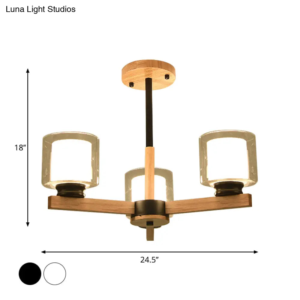 Wooden Double Glass Chandelier With Cylinder Shade - 3/6 Lights For Living Room Ceiling