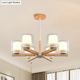 Wooden Hanging Chandelier With Double Glass Cylinder Shade - 3/6 Light Ceiling Lamp For Living Room