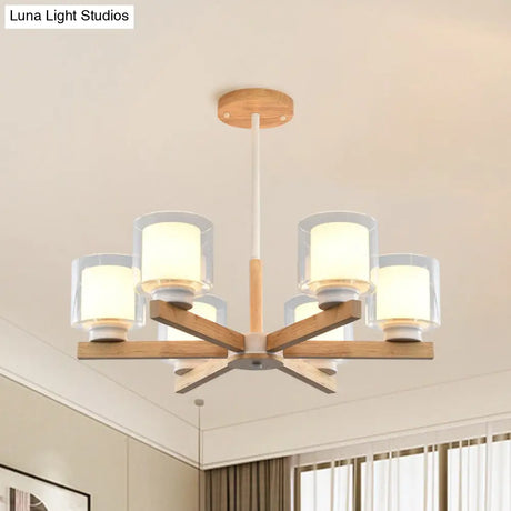 Wooden Hanging Chandelier With Double Glass Cylinder Shade - 3/6 Light Ceiling Lamp For Living Room