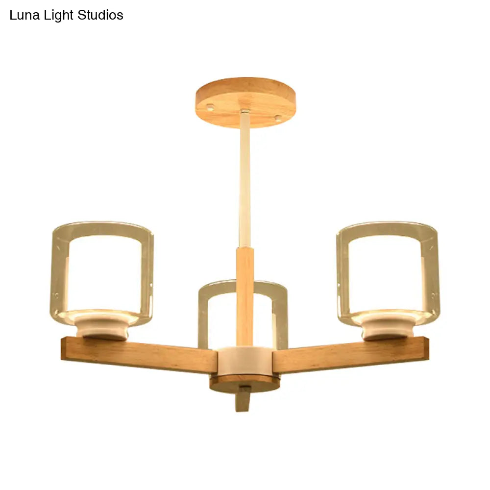 Wooden Double Glass Chandelier With Cylinder Shade - 3/6 Lights For Living Room Ceiling