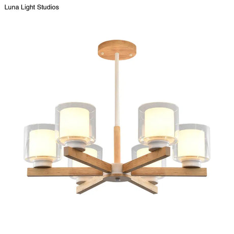 Wooden Hanging Chandelier With Double Glass Cylinder Shade - 3/6 Light Ceiling Lamp For Living Room