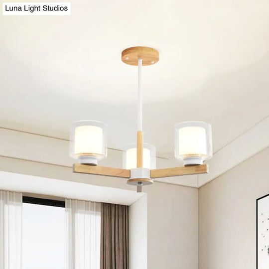 Wooden Double Glass Chandelier With Cylinder Shade - 3/6 Lights For Living Room Ceiling