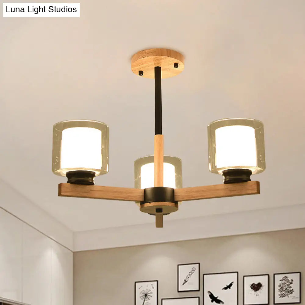Wooden Hanging Chandelier With Double Glass Cylinder Shade - 3/6 Light Ceiling Lamp For Living Room