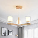 Wooden Hanging Chandelier With Double Glass Cylinder Shade - 3/6 Light Ceiling Lamp For Living Room